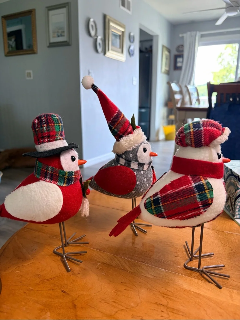 Festive Plaid Holiday Bird Trio - Red and Gray Christmas Decor